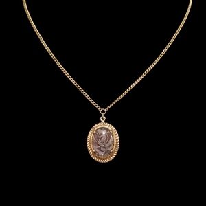 Vintage 1928 Brand Antique Gold-Tone Oval Glass Rose Pendant Necklace 16"